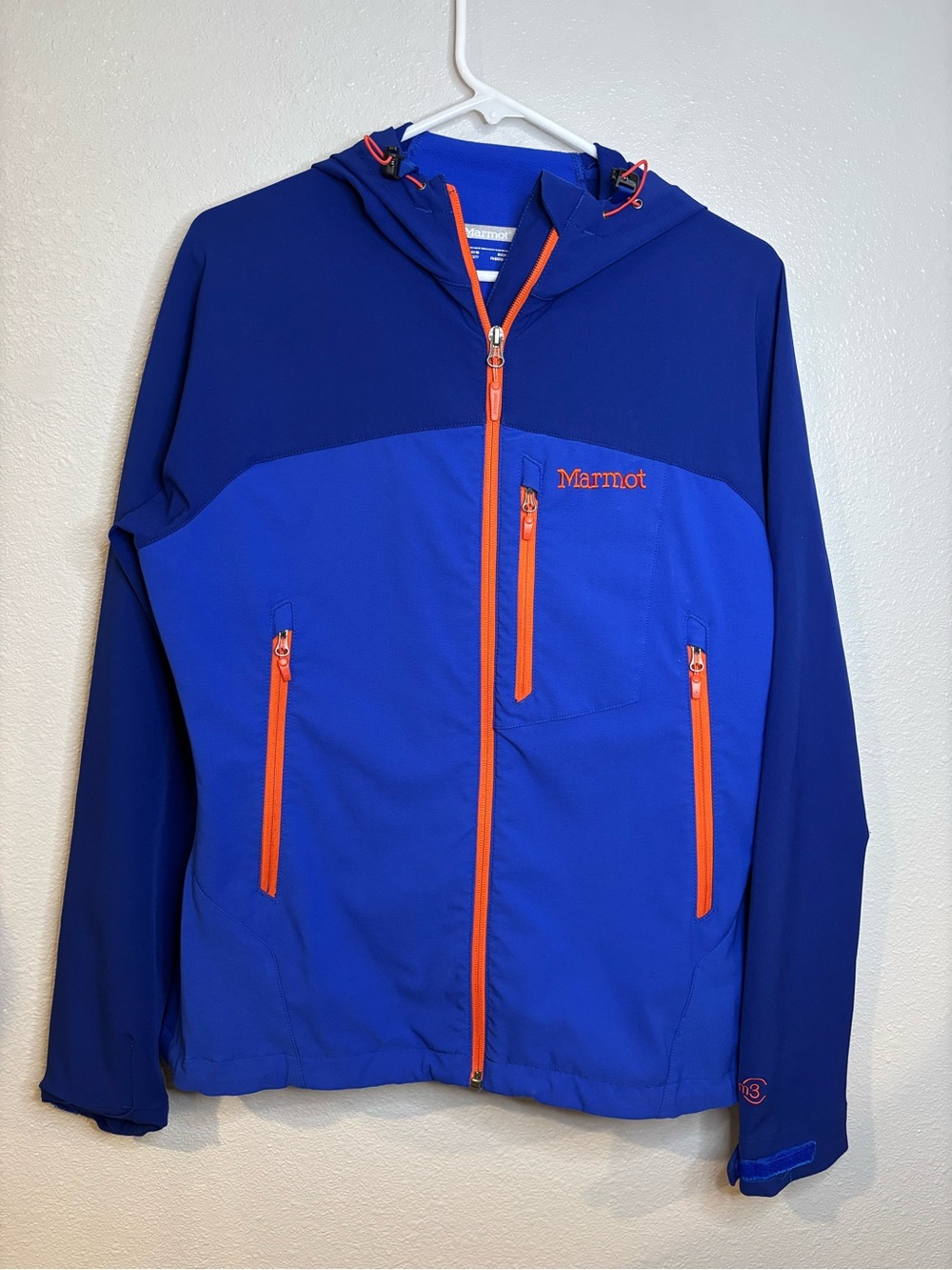 Marmot Royal Blue Hooded Softshell Jacket with Orange Trim